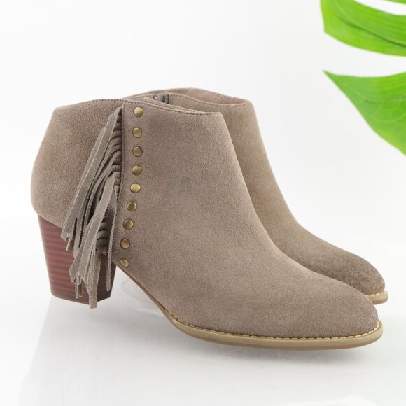 Vionic Womens Faros Boots Size 8 Taupe Suede Fringe Western Block Heel Booties - Picture 1 of 12